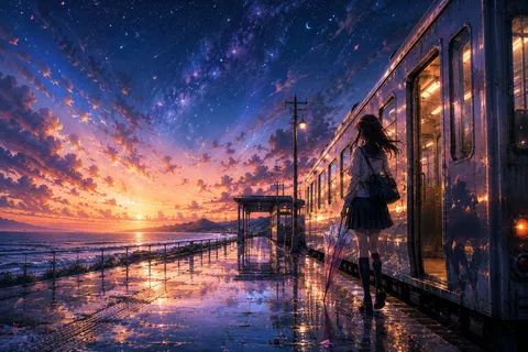 星と茜空、水面に映る駅