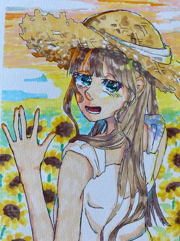 ひまわり畑で手を振る夏少女