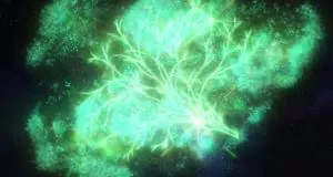 緑の発光樹が浮かぶ夜