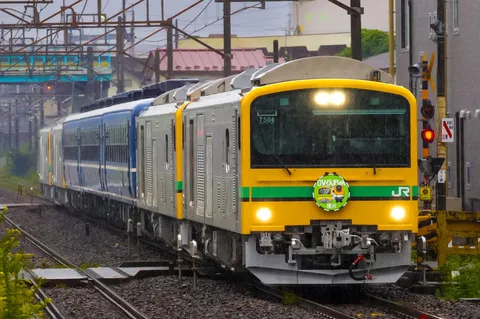 雨の中を走る黄色い列車