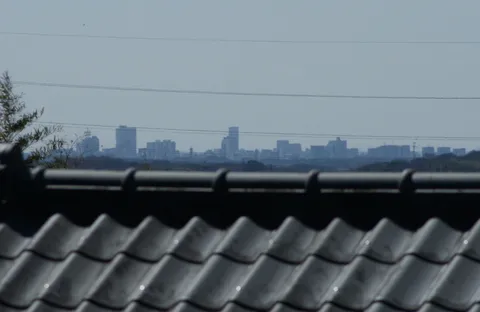遠景と瓦屋根の静かな対話