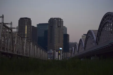 都会の夜景を彩る鉄骨の橋