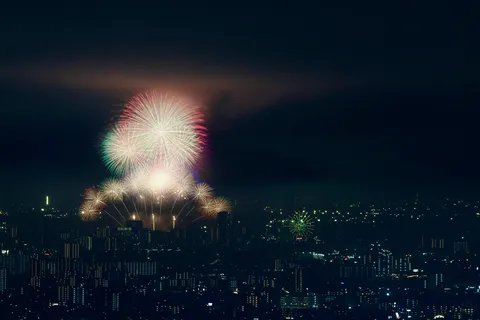 煌めく夜景に咲く大輪の花火