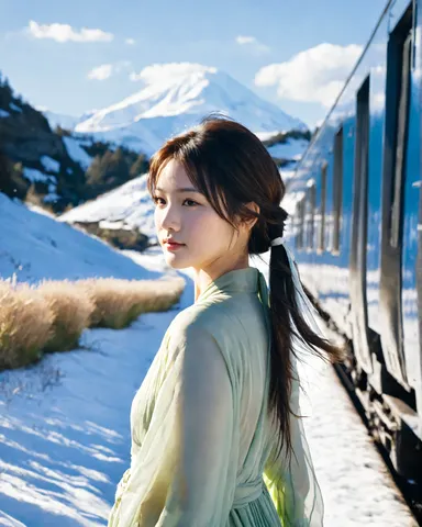 雪原と列車の間の静かな光景