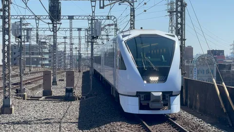 新緑の季節、青空の下を走る列車