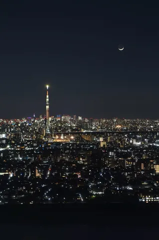 月夜に輝く、摩天楼と灯台