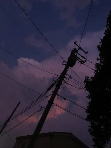 夕暮れの電線、儚い空の色