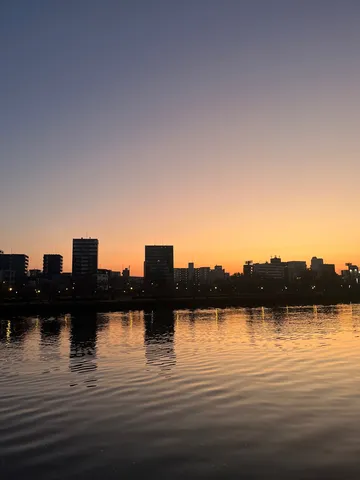 夕暮れの水辺の影絵