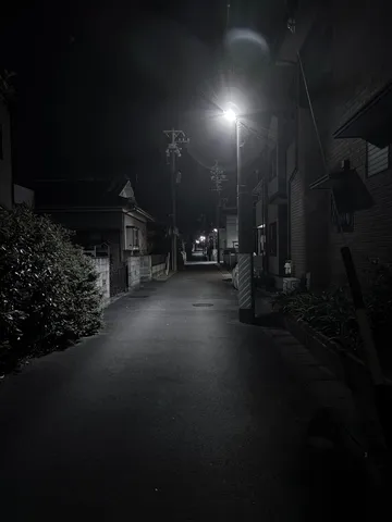 夜の静寂、灯りが照らす小道