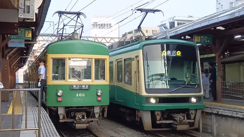 緑の車体が並ぶ駅の風景