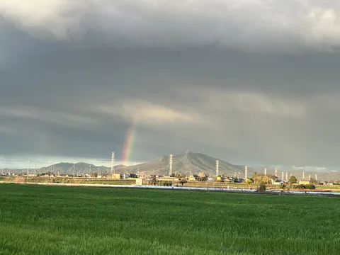 畑の向こう、空に虹