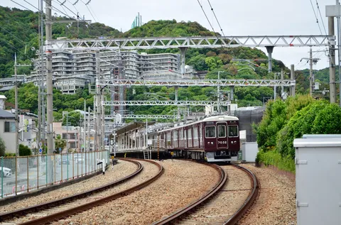 カーブする線路と街並み