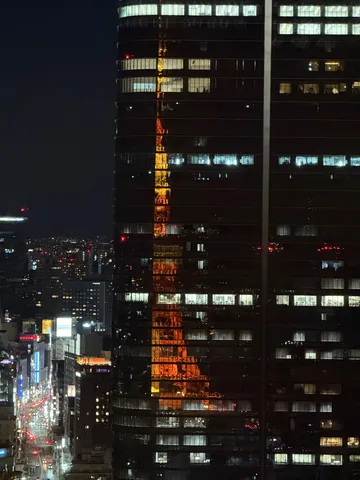 ビルの窓に映る、夜景のタワー