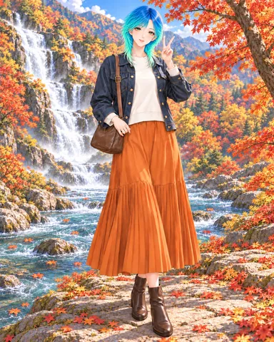 滝と紅葉のピースサイン