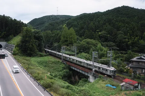 緑深き山道を行く電車の風景