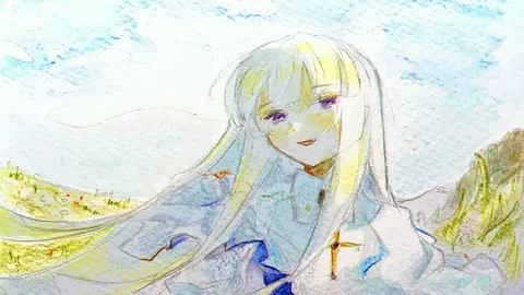 風に舞う少女、草花と空のコントラスト