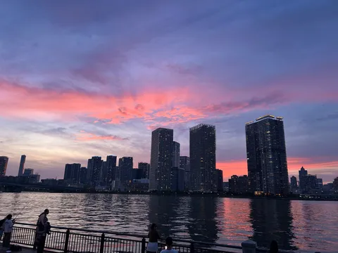 水面を彩る都会の夕焼け