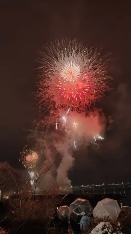 夜空を彩る光の華、傘越しの幻想風景