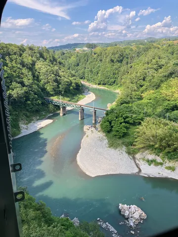 川面と橋、緑深き山々