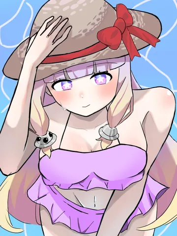 夏の帽子と水着の少女