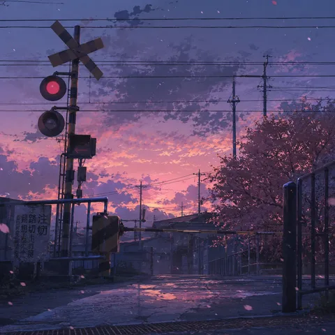 空に溶ける桜色の踏切