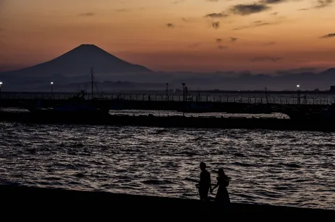夕暮れのシルエットと富士山