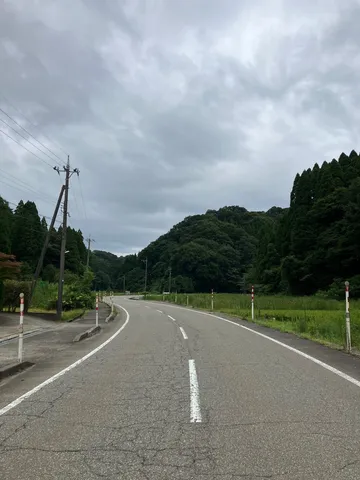 曇り空の農道、緑の山並み