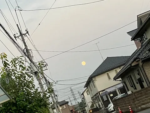 電線と月、静かな街の夜景