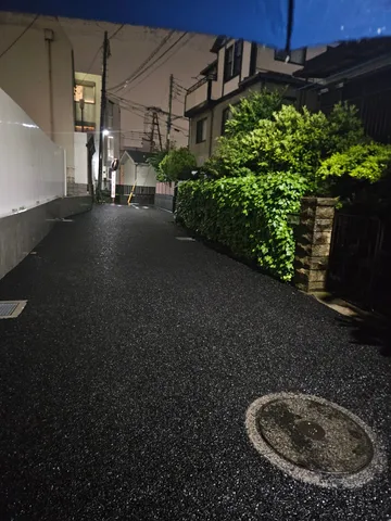 雨上がりの夜道、静寂の影