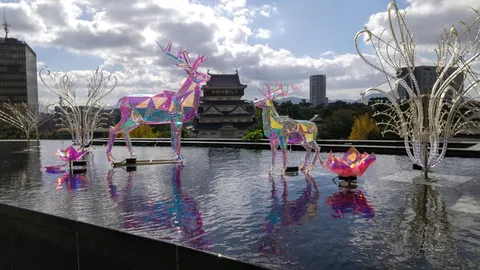 幻想的な鹿と古城の対話