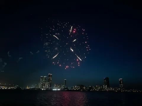 水面にほどける夜花火
