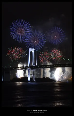 大橋と夜空を彩る虹色の花火
