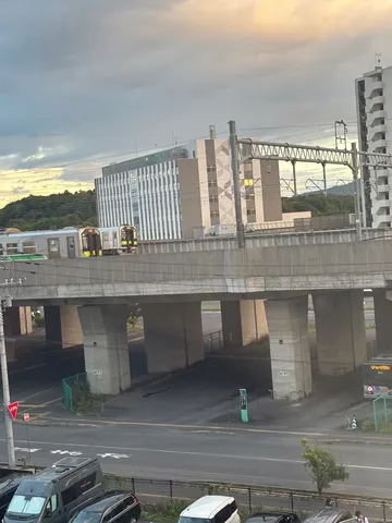 夕暮れの高架下、列車の静かな旅路