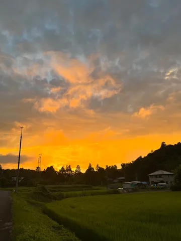 燃える空と田園の夕暮れ