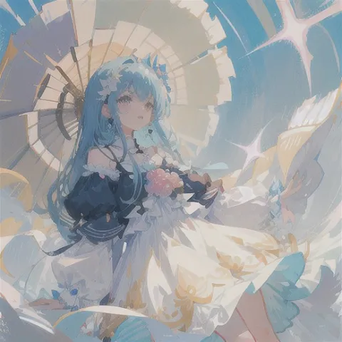 水色の髪の少女と華やかな傘