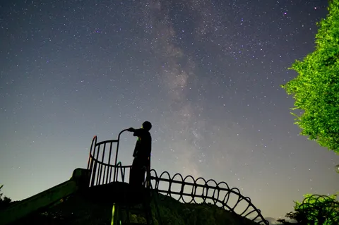 星空の下、子供時代の遊具に立つ。