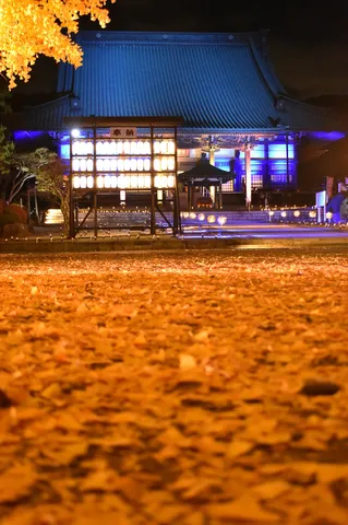 夜の灯籠と青い寺院