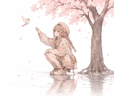 春の訪れ、少女と小鳥