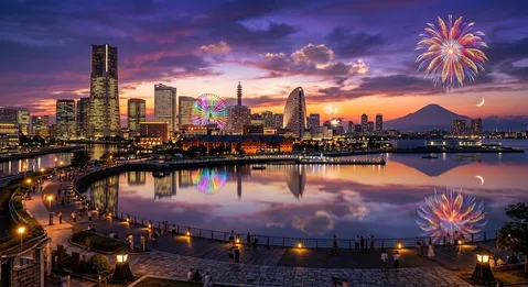 夜景と花火の鏡映り