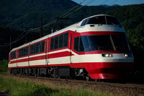 山を背負う赤白列車