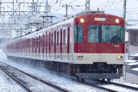 雪舞う線路、加速する列車