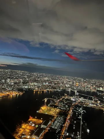 窓の外、光の絨毯、あと赤い翼。