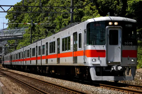 新緑の線路を行く電車