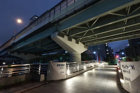 夜の高架下に広がる静かな道