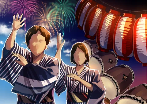 祭りの夜、花火と踊る浴衣姿
