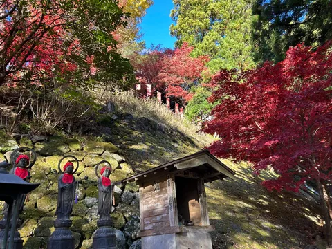 紅葉と静寂、石段の仏像