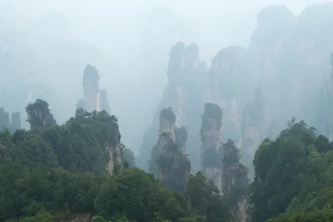 霧の柱が立つ風景