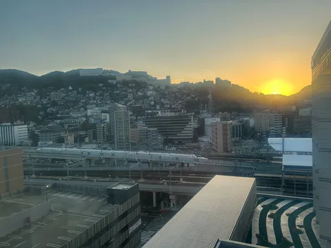 高架を渡る新幹線と夕景