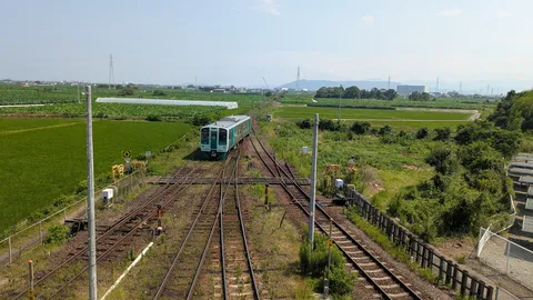 緑と線路と青い列車