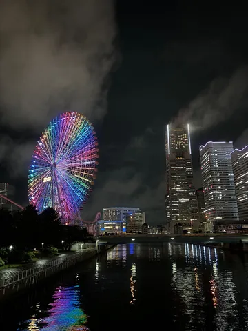 夜を彩る観覧車と水面の輝き